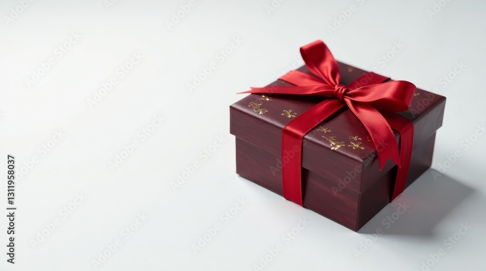 Obraz premium A maroon gift box with a red ribbon and gold accents rests on a white surface