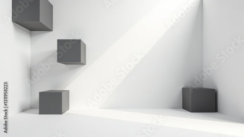 Wallpaper Mural Minimalist Room Interior Design Featuring Dark Gray Cubes on White Walls and Floor with Natural Light Torontodigital.ca