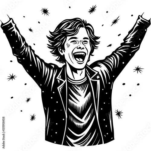 Happy person celebrating with open arms in a joyful expression