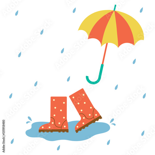 Autumn rubber boots, puddle, umbrella and rain - seasonal autumn object. New flat style illustration.