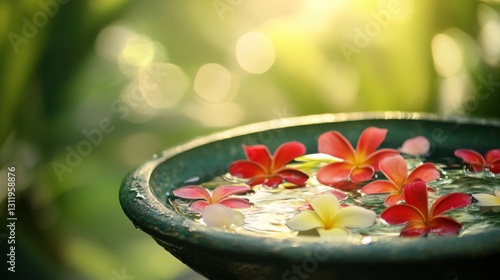 Vibrant water bowl with tropical flowers and floating petals, symbolizing serenity and renewal.