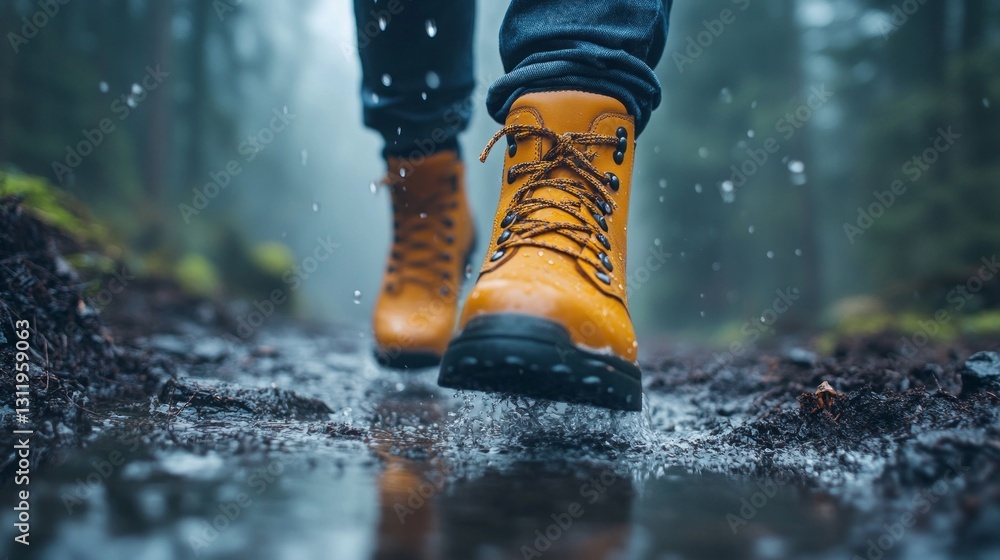 Bright orange boots stomp through a puddle on a muddy forest path, droplets forming around them as rain falls softly from above, creating a serene, adventurous atmosphere Bright orange boots stomp through a puddle on a muddy forest path, droplets forming around them as rain falls softly from above, creating a serene, adventurous atmosphere