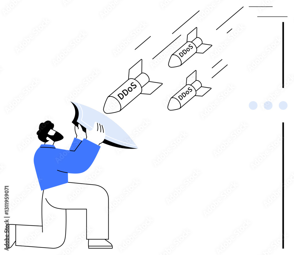 Man holding shield deflects incoming DDoS missiles, symbolizing cybersecurity defense, threat prevention, digital safety. Ideal for IT security, network protection, risk management, resilience, cyber Man holding shield deflects incoming DDoS missiles, symbolizing cybersecurity defense, threat prevention, digital safety. Ideal for IT security, network protection, risk management, resilience, cyber