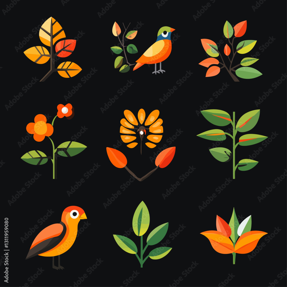 Naklejka premium Bird, Flowers, and Leaves Botanical Set with Geometric Flat Design Style