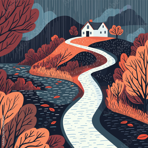 A minimalist graphic illustration of a winding path leading to an isolated house on a hilltop surrounded by colorful autumn foliage; light rain falls from the sky,