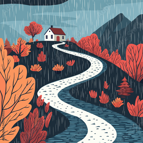A minimalist graphic illustration of a winding path leading to an isolated house on a hilltop surrounded by colorful autumn foliage; light rain falls from the sky,