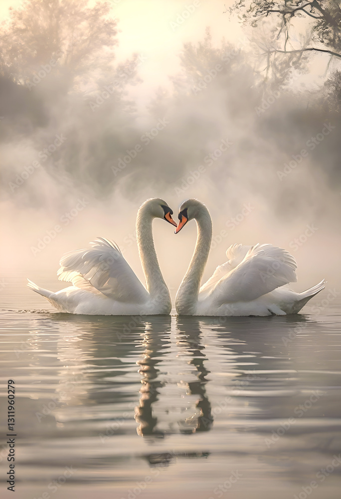 Fototapeta premium Elegant White Swans Form A Heart Shape With Their Necks Amidst Serene Waters