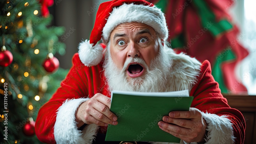 Naklejka premium Surprised festive character in holiday attire holding a green paper with a shocked expression, set against a decorated Christmas tree background