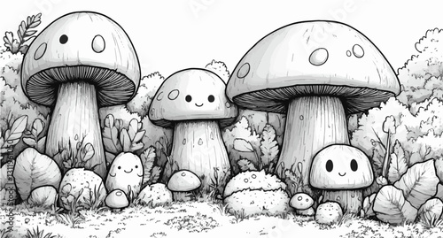 Vector Illustration of Cute Mushrooms in a Whimsical Forest