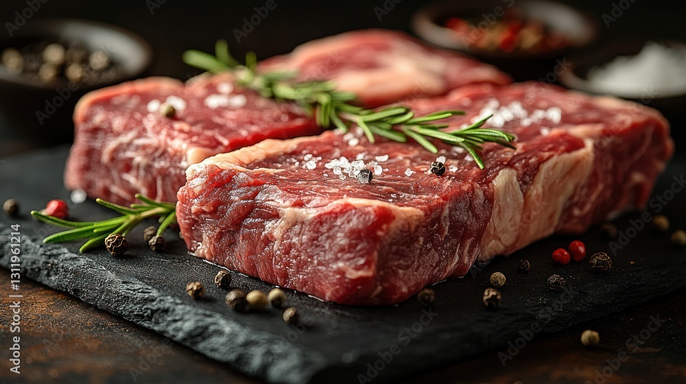Fresh, seasoned steaks on slate board Fresh, seasoned steaks on slate board
