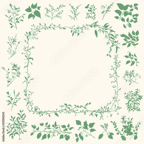 Botanical frame of leaves and branches with small flowers on beige backgrnd