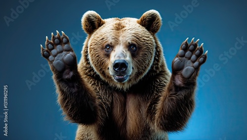 Close-up of a bear with raised paws against a blue background, showcasing its fur texture and eyes