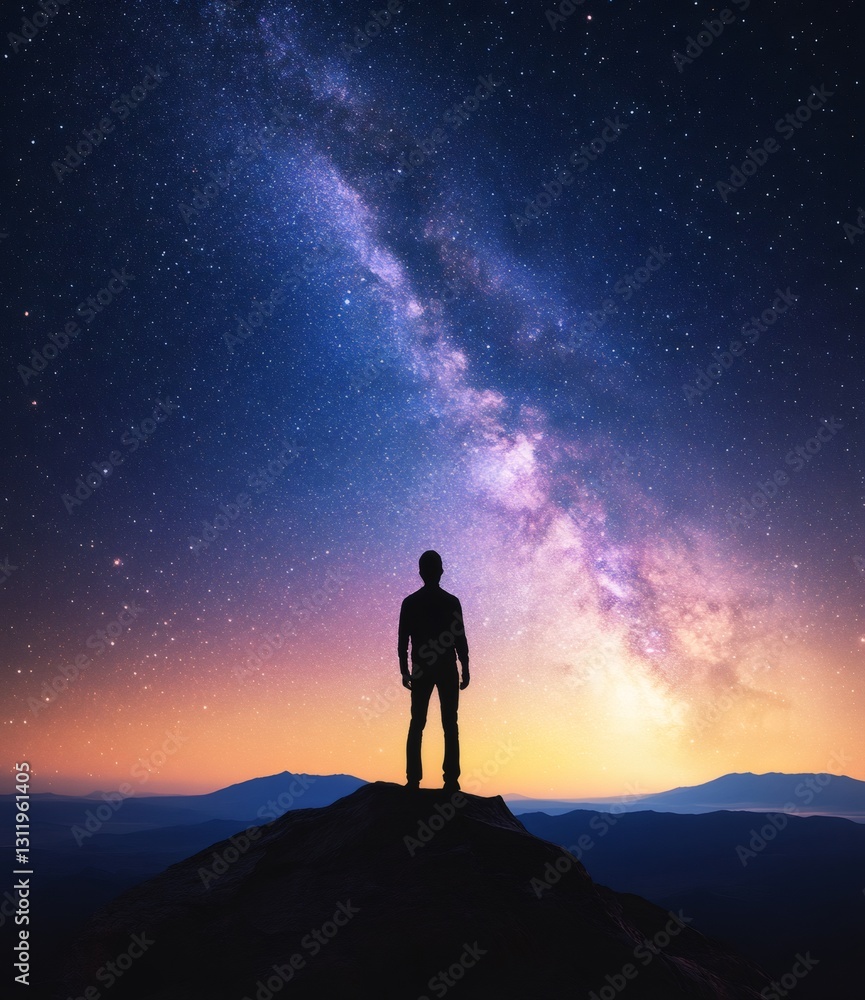Fototapeta premium Starry Contemplation: A solitary figure stands atop a mountain peak, silhouetted against a breathtaking panorama of the Milky Way and the night sky. Evoking feelings of awe, wonder, and solitude.
