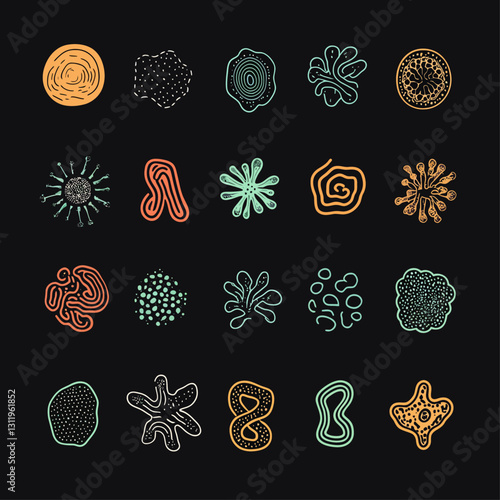 Abstract Microorganism Doodle Pattern on Black Background for Science