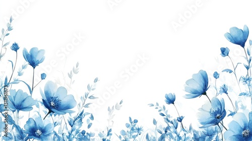 Beautiful blue watercolor wildflower field border on a white background. Hand-drawn illustration. Blue flowers, meadow. Spring or summer floral banner template. Simple design with copy space for text 