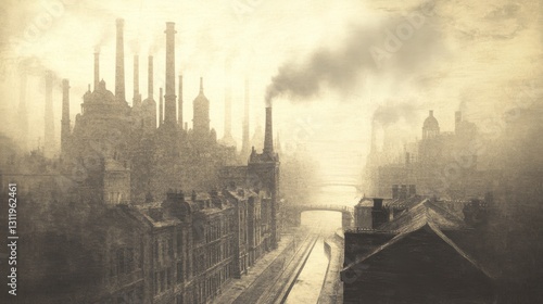 Industrial Revolution Era Cityscape with Smokestacks