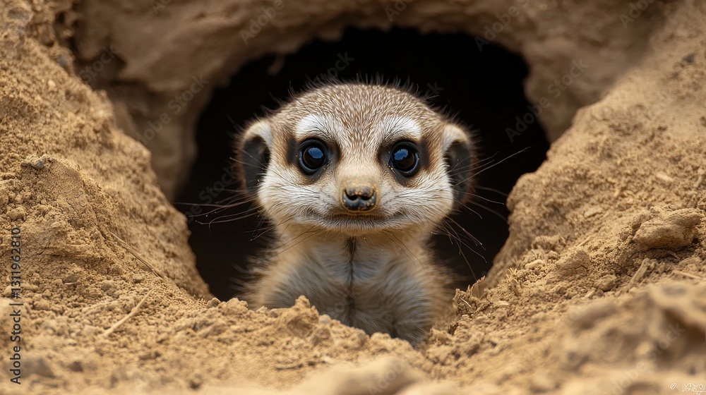 Obraz premium A baby meerkat peeking out of its burrow, with its small eyes watching curiously for danger