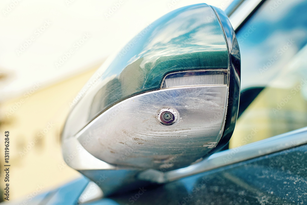 Cars dirty blind spot camera in the side mirror. Advanced side view camera system integrated into dirty rearview mirror, covered in dirt and salt, affecting visibility and posing driving hazard.