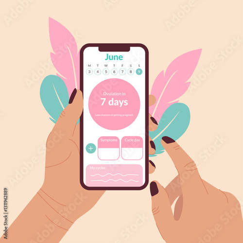 Woman's hand holding smartphone to keep track of menstruation cycles. Girl monitoring ovulation and period by tracking app on smartphone screen.Woman health care concept. Flat vector illustration.