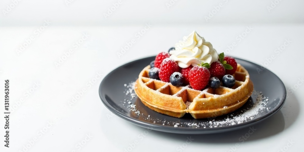 A delicious golden waffle topped with fresh raspberries, blueberries, and a dollop of whipped cream, dusted with powdered sugar, served on a dark gray plate A delicious golden waffle topped with fresh raspberries, blueberries, and a dollop of whipped cream, dusted with powdered sugar, served on a dark gray plate