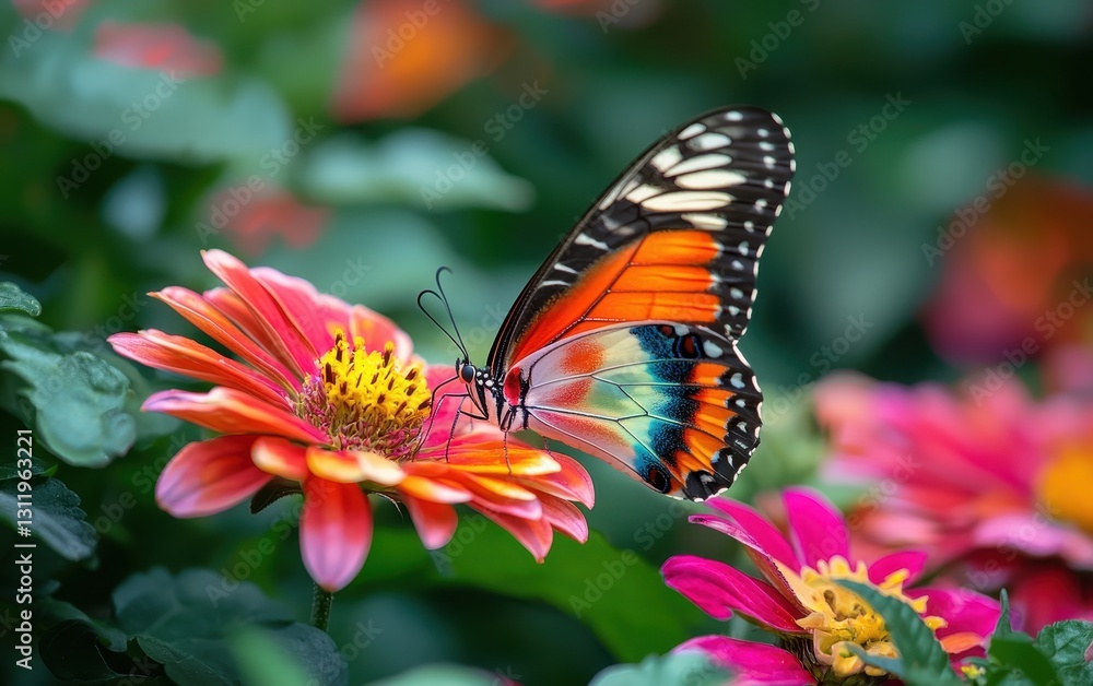 A close-up of a colorful butterfly resting on a bright flower, surrounded by greenery A close-up of a colorful butterfly resting on a bright flower, surrounded by greenery