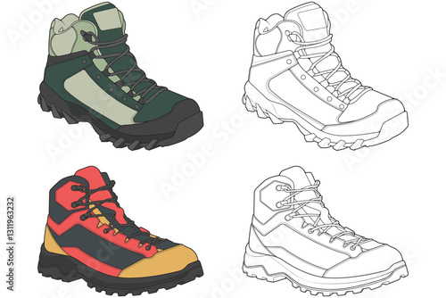 Set of hiking boots illustration. Illustration set vector boots. Side view hiking boots isolated with black background.
