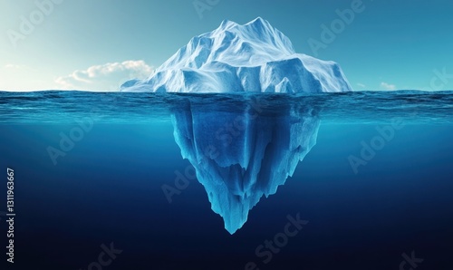 Iceberg underwater with a large part of the iceberg above and a smaller part below, 3D rendering illustration. Stock photo with space , and in the center an ice mountain floating in a deep blue ocean,