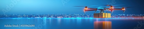 A drone delivering glowing parcels in a futuristic city at night.