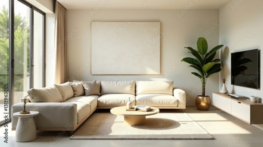 Serene Minimalist Living Room Design Featuring Neutral Tones, Ample Natural Light, and Modern Furniture Serene Minimalist Living Room Design Featuring Neutral Tones, Ample Natural Light, and Modern Furniture