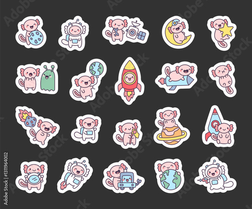Axolotl space set with adorable astronauts exploring the cosmos, floating on planets, meeting aliens, discovering satellites, and holding stars in a charming intergalactic adventure