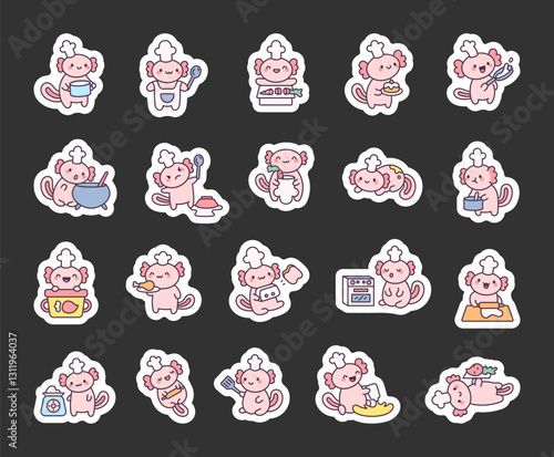 Adorable axolotl chef hat wearing cooking delicious meals in a cute kawaii cartoon style using various kitchen utensils and ingredients for baking and food preparation