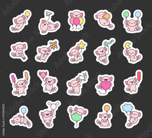 Adorable axolotl and balloon set featuring cute kawaii characters holding and flying, expressing emotions and celebrating joyful moments in a charming cartoon style for your creative illustrations