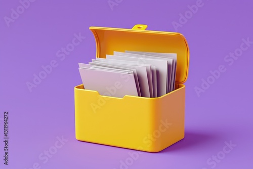 Organization symbol, 3D paper file box, purple background.