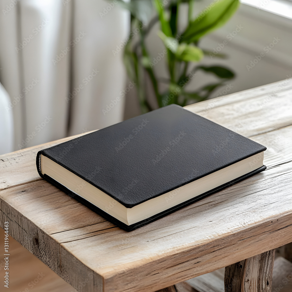 Black hardcover book on wooden table near window Black hardcover book on wooden table near window