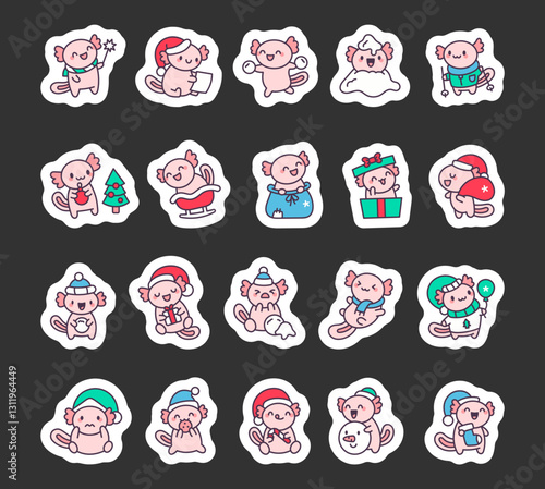 Axolotl christmas set featuring adorable characters with santa hat, winter hat, snowball fights, festive gifts, holiday decorations, sledding fun, candy canes, cozy scarves and joyful winter moments
