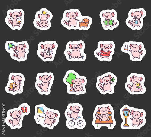 Adorable axolotl and park set featuring cute kawaii characters enjoying various outdoor activities, expressing emotions, and interacting with objects in a charming cartoon style