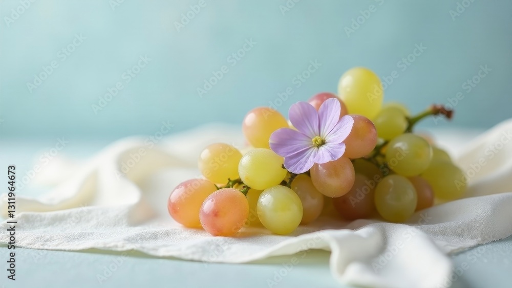 A cluster of ripe, juicy grapes, delicately adorned with a vibrant purple flower, rests on a soft, white linen cloth against a tranquil, light-blue background. A cluster of ripe, juicy grapes, delicately adorned with a vibrant purple flower, rests on a soft, white linen cloth against a tranquil, light-blue background.