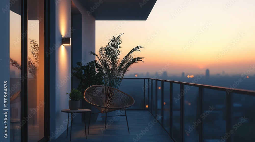 Fototapeta premium a minimalist balcony with a single chair, a small table, and a potted plant, overlooking a calm cityscape at dusk.
