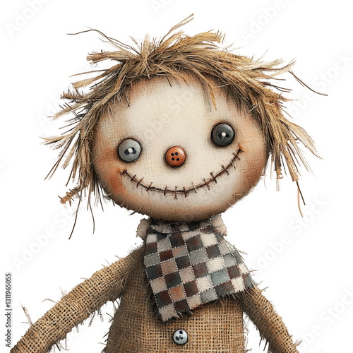 A delightful handcrafted scarecrow illustration, featuring a soft-textured design with intricate stitch details, transparent background, PNG