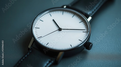 Wallpaper Mural a minimalist wristwatch with a plain white face, black leather strap, and no numbers, displayed on a soft grey background.  Torontodigital.ca