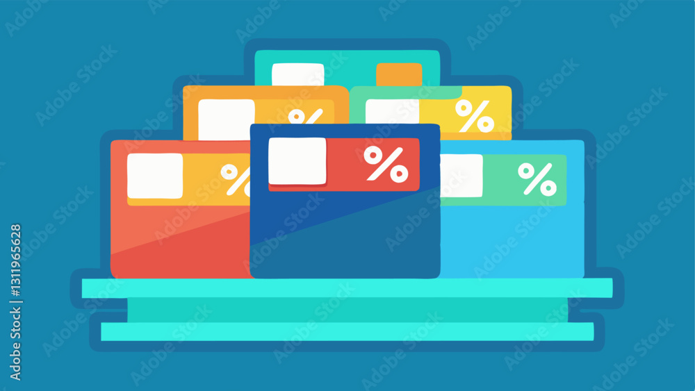 Voucher Collection A of digital vouchers represented as cards stacked together on a virtual dashboard each with a different discount percentage. Voucher Collection A of digital vouchers represented as cards stacked together on a virtual dashboard each with a different discount percentage.