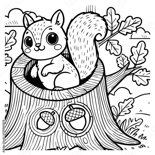 coloring page Squirrel peeking out of a tree hollow, animal coloring page for kids, adults, releaxing coloring page, stress relief, mindfulness