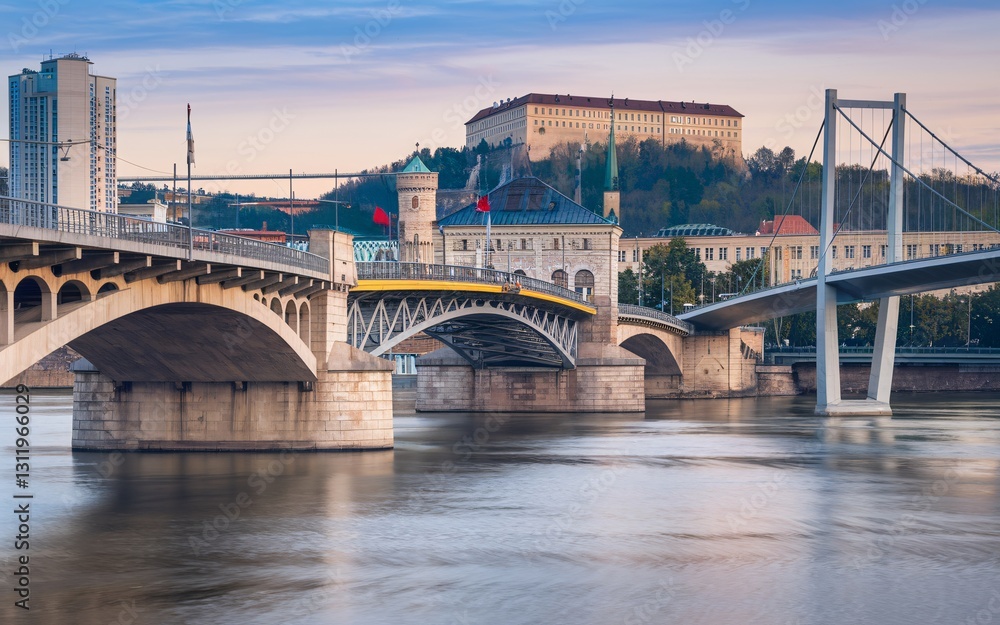 Danube River, Bridges over river at dawn Danube River, Bridges over river at dawn