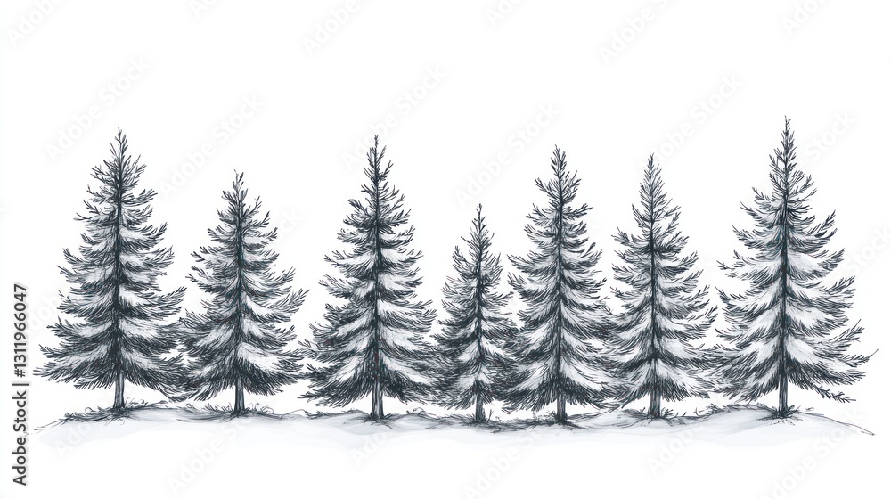 Obraz premium Winter forest scene, hand-drawn trees, nature background, artistic illustration