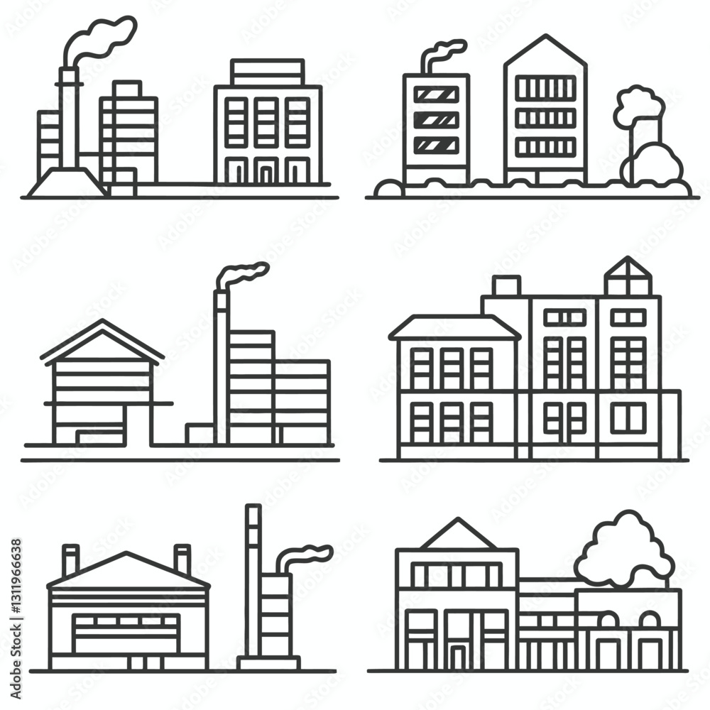 Black and White Line Art of City Buildings, Factories, and Urban Homes Black and White Line Art of City Buildings, Factories, and Urban Homes