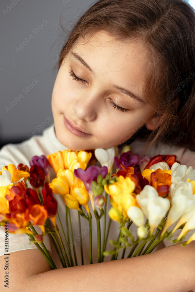 Girl with first spring flowers. Freesia. Child and flowers Girl with first spring flowers. Freesia. Child and flowers