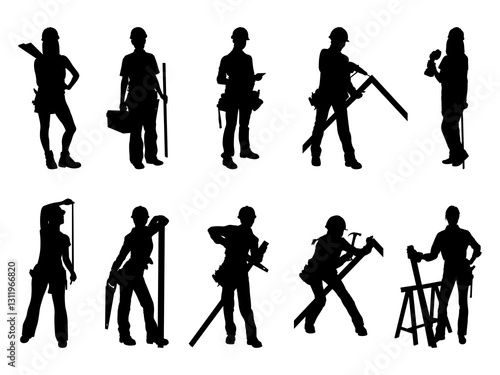 Set of Female Carpenter Silhouette in various poses isolated on white background