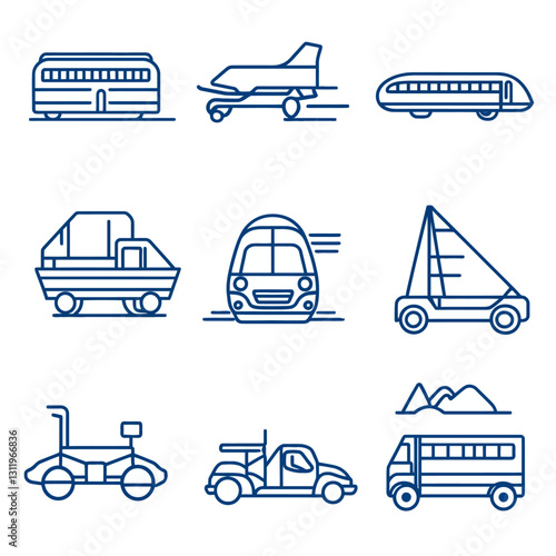 Blue Line Art Depiction of Planes Trains Buses and Cars on White