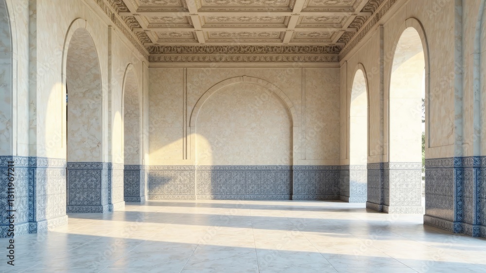 Serene architectural space featuring arched walkways, ornate ceiling details, and tranquil tilework Serene architectural space featuring arched walkways, ornate ceiling details, and tranquil tilework