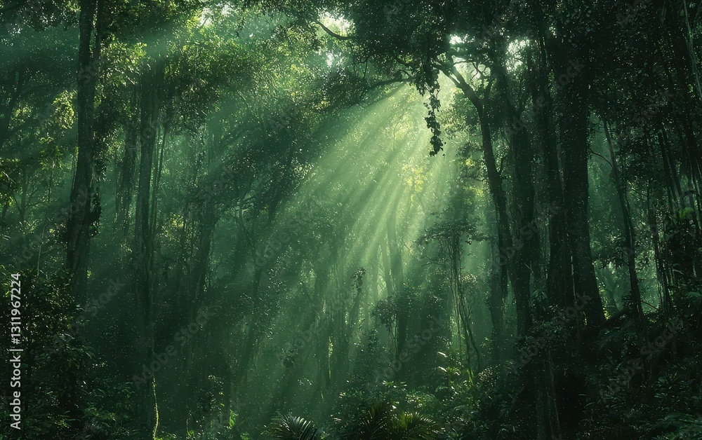 Obraz premium A dense forest with sunlight filtering through the canopy of tall trees